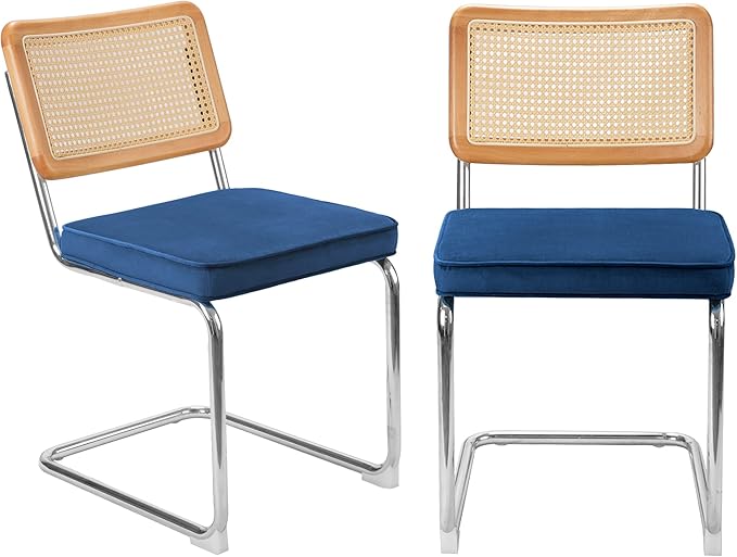 Dining Chair Set of 2, Mid-Century Modern Rattan Dining Chairs with Metal Chrome Legs, Natural Cane Backrest Upholstered for Home Kitchen，Dining Room and Patio, Deep Blue - LeafyLoom