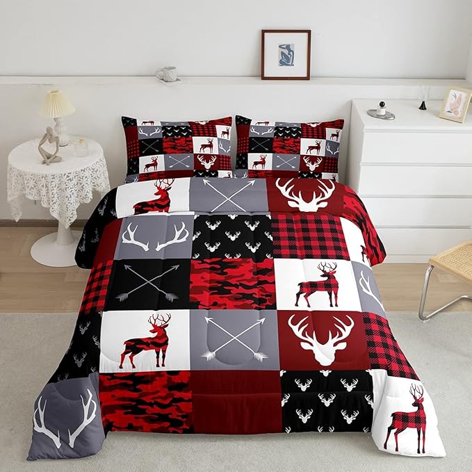Deer Silhouette Comforter Set Twin Size,Antler Arrow Grid Stripe Design Bedding Duvet 2pcs for Kids Teens Adult Boys Girls Home Room Decoration, Camouflage Christmas Style Red Quilt Set - LeafyLoom