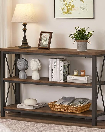 BON AUGURE Rustic Console Table Behind Couch, Industrial Entryway Table with Shelves, 3 Tier Sofa Table for Living Room (47 Inch, Rustic Oak) - LeafyLoom