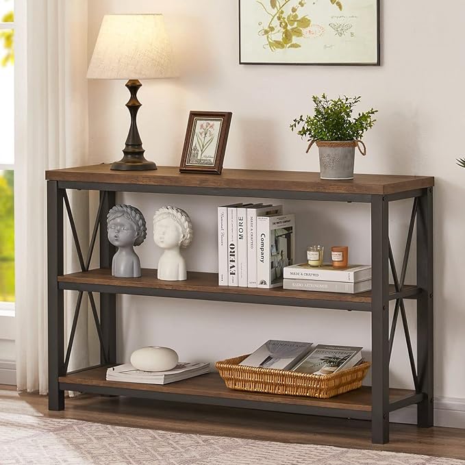 BON AUGURE Rustic Console Table Behind Couch, Industrial Entryway Table with Shelves, 3 Tier Sofa Table for Living Room (47 Inch, Rustic Oak) - LeafyLoom