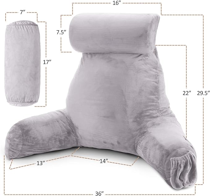 Clara Clark Reading Pillow, Large Back Pillow for Sitting Up in Bed, Memory Foam Back Support Pillow, Reading Pillows for Sitting in Bed Adult Grey Lavender Sit Up Pillow for Bed with Arms and Pockets - LeafyLoom