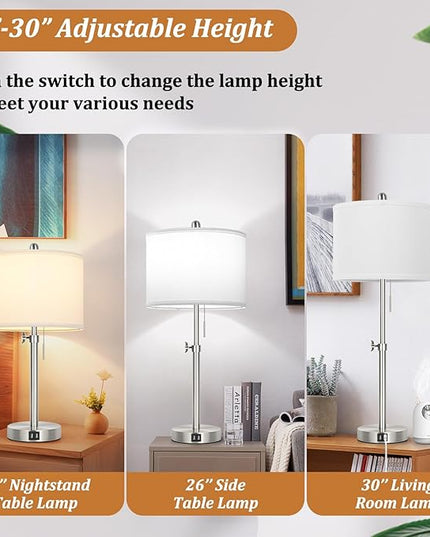 Table Lamp Set of 2 for Bedroom, Bedside Lamp with 2 USB Ports, 23" to 30" Height Adjustable Tall Table Lamp for Living Room End Tables, Modern Silver Nightstand Lamp with Pull Chain - LeafyLoom