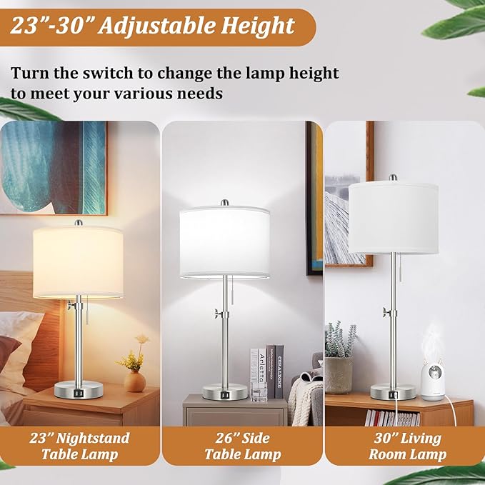 Table Lamp Set of 2 for Bedroom, Bedside Lamp with 2 USB Ports, 23" to 30" Height Adjustable Tall Table Lamp for Living Room End Tables, Modern Silver Nightstand Lamp with Pull Chain - LeafyLoom