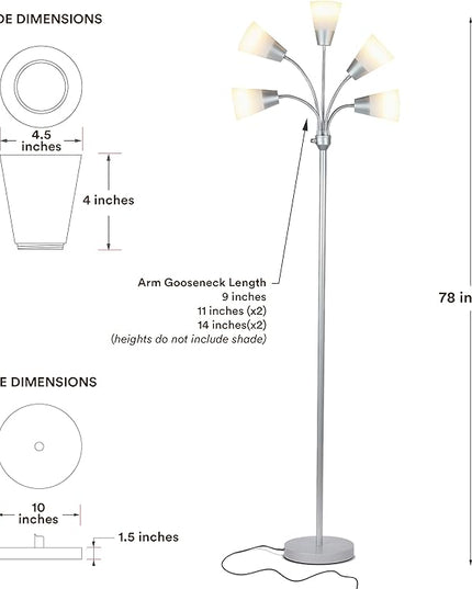 Brightech Medusa Modern LED Floor Lamp – Multi Head Floor Lamp for Living Rooms & Offices – Tall Lamp with Interchangeable Shade, Standing Lamp with 5 LED Bulbs for Hobbies - Silver - LeafyLoom