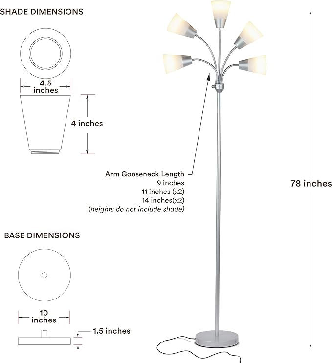 Brightech Medusa Modern LED Floor Lamp – Multi Head Floor Lamp for Living Rooms & Offices – Tall Lamp with Interchangeable Shade, Standing Lamp with 5 LED Bulbs for Hobbies - Silver - LeafyLoom