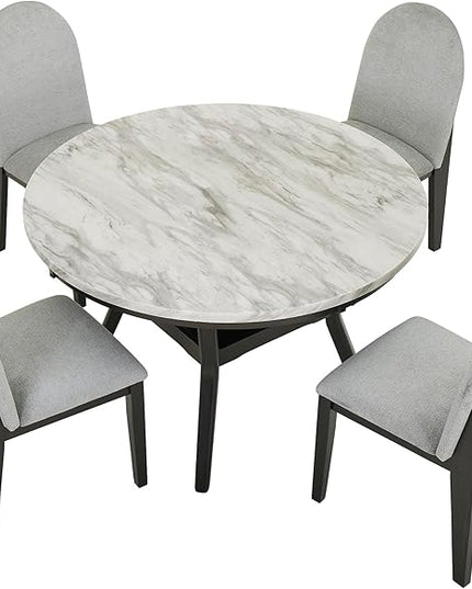 RITSU 5 Piece Round Set, Solid Wood Dining Table with Storage Shelf and 4 Upholstered Chairs, for Kitchen Farmhouse, Apartment, Restaurant, Gray - LeafyLoom