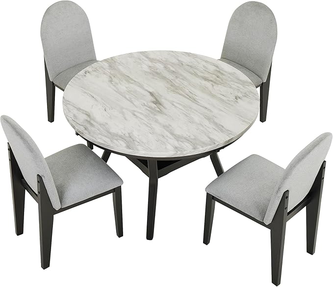 RITSU 5 Piece Round Set, Solid Wood Dining Table with Storage Shelf and 4 Upholstered Chairs, for Kitchen Farmhouse, Apartment, Restaurant, Gray - LeafyLoom