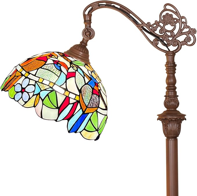 Capulina Tiffany Floor Lamp Antique Cardinal Birds Style Stained Glass Soft Light Arched Gooseneck Adjustable Angle Reading Standing Lamp for Living Room Bedroom Home Office - LeafyLoom