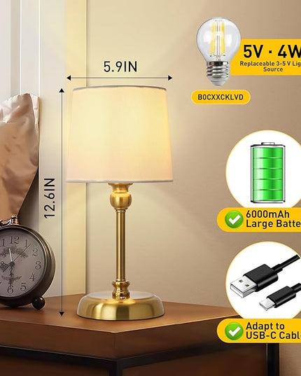 Cordless LED Table Lamp, 6000mAh Rechargeable Bedside Night Lamp for Bedroom, Portable Touch Stepless Dimmable Battery Operated Lamp, Ambient Light for Patio Restaurant(‎Antique Brass S) - LeafyLoom