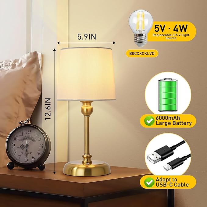 Cordless LED Table Lamp, 6000mAh Rechargeable Bedside Night Lamp for Bedroom, Portable Touch Stepless Dimmable Battery Operated Lamp, Ambient Light for Patio Restaurant(‎Antique Brass S) - LeafyLoom