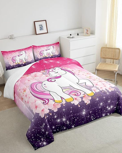 Unicorn Comforter Set Queen Glitter Bedding Set Cherry Blossoms Duvet Insert Kids Cartoon Kawaii Animal Down Comforter Ombre Galaxy Stars Fantasy Girls Room Decor Quilt Set Aesthetic Pink Purple - LeafyLoom