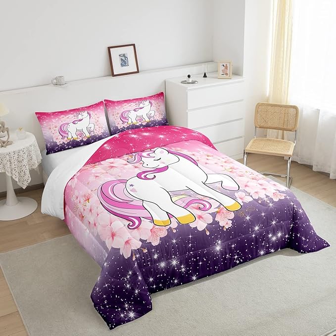 Unicorn Comforter Set Queen Glitter Bedding Set Cherry Blossoms Duvet Insert Kids Cartoon Kawaii Animal Down Comforter Ombre Galaxy Stars Fantasy Girls Room Decor Quilt Set Aesthetic Pink Purple - LeafyLoom