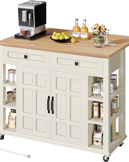 YITAHOME Kitchen Island with Drop Leaf & Power Outlet, Rolling Kitchen Cart on Wheels, Americana Kitchen Island Cabinet with Open Shelves for Kitchen Dining Room, Thicker Rubberwood Top, Off White - LeafyLoom