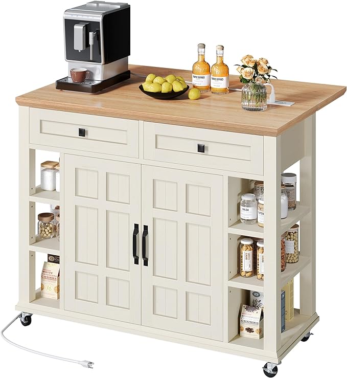 YITAHOME Kitchen Island with Drop Leaf & Power Outlet, Rolling Kitchen Cart on Wheels, Americana Kitchen Island Cabinet with Open Shelves for Kitchen Dining Room, Thicker Rubberwood Top, Off White - LeafyLoom