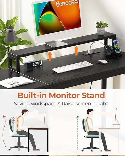 Computer Desk with LED Lights and Power Outlets 47 inch Gaming Desk with Storage Shelves, Small Home Office Desk with Monitor Stand for Bedroom,Workstation, Black - LeafyLoom