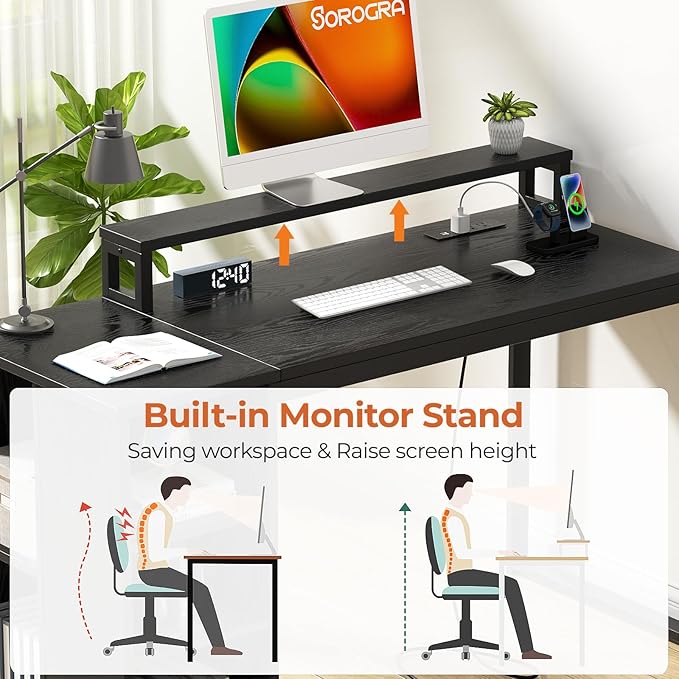 Computer Desk with LED Lights and Power Outlets 47 inch Gaming Desk with Storage Shelves, Small Home Office Desk with Monitor Stand for Bedroom,Workstation, Black - LeafyLoom
