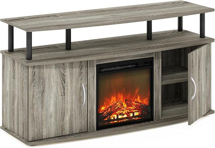 Furinno Jensen Living Room Fireplace TV Entertainment Center with Doors Storage Cabinet for TV up to 55 Inch, French Oak Grey/Black - LeafyLoom