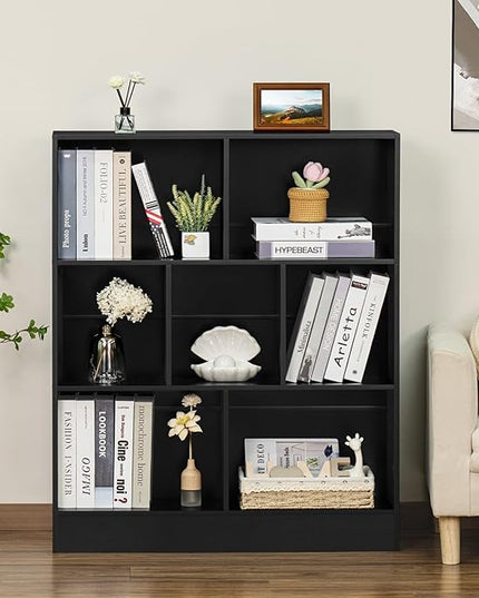 YAHARBO Black 7 Cube Bookshelf,3 Tier Modern Horizontal Bookcase,Wooden Low Book Shelf Display Storage Cabinet with Base,Floor Standing Short Bookshelves Open Organizer for Bedroom,Living Room,Office - LeafyLoom