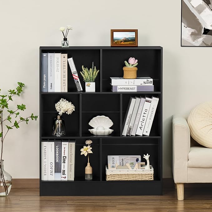 YAHARBO Black 7 Cube Bookshelf,3 Tier Modern Horizontal Bookcase,Wooden Low Book Shelf Display Storage Cabinet with Base,Floor Standing Short Bookshelves Open Organizer for Bedroom,Living Room,Office - LeafyLoom