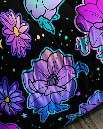 Axolotl Neon Floral Bedding Set Queen,Gradient Floral Comforter Set for Girls,Colorful Flower Bedding Set Stars,Galaxy Series Comforter for Kids Boys Girls Teens Adults,1 Quilt 2 Pillowcases,Black - LeafyLoom