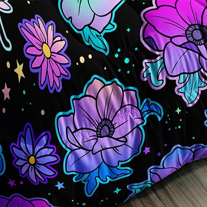 Axolotl Neon Floral Bedding Set Queen,Gradient Floral Comforter Set for Girls,Colorful Flower Bedding Set Stars,Galaxy Series Comforter for Kids Boys Girls Teens Adults,1 Quilt 2 Pillowcases,Black - LeafyLoom