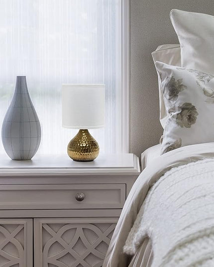 Simple Designs LT2073-GDW Mini Hammered Texture Gold Drip Table Lamp with White Shade - LeafyLoom