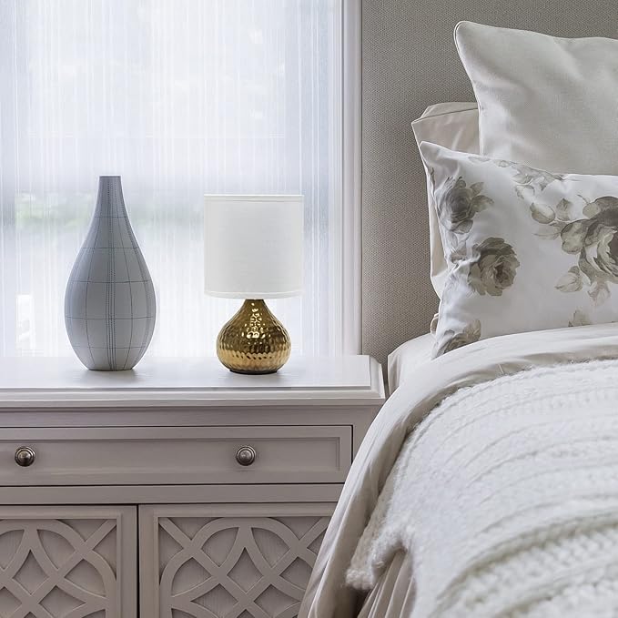 Simple Designs LT2073-GDW Mini Hammered Texture Gold Drip Table Lamp with White Shade - LeafyLoom