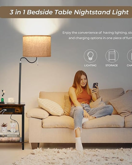 FIMEI Floor Lamp with Table, End Table with Charging Station USB Ports & Outlets, Bedside Table 3 Color Temperature Reading Light, Nightstand with Shelves for Living Room, Bedroom, Apartment - LeafyLoom