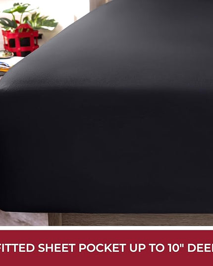 Mellanni RV Short Queen Sheets - 4 PC Iconic Collection Bedding Sheets & Pillowcases - Hotel Luxury, Extra Soft, Cooling Bed Sheets - Deep Pocket up to 10 inch (RV/Short Queen, Black) - LeafyLoom