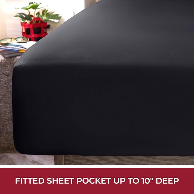 Mellanni RV Short Queen Sheets - 4 PC Iconic Collection Bedding Sheets & Pillowcases - Hotel Luxury, Extra Soft, Cooling Bed Sheets - Deep Pocket up to 10 inch (RV/Short Queen, Black) - LeafyLoom
