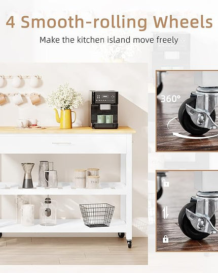 Shintenchi Kitchen Island Cart with Storage,Rolling Kitchen Island Side Table on Wheels with Large Worktop,Storage Cabinet,Towel Rack,Drawers and Open Shelves for Kitchen,Dinning Room,White - LeafyLoom