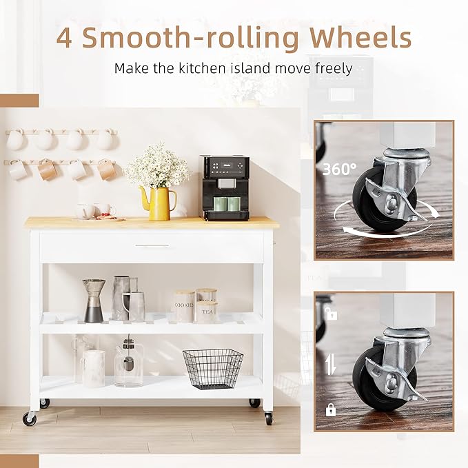 Shintenchi Kitchen Island Cart with Storage,Rolling Kitchen Island Side Table on Wheels with Large Worktop,Storage Cabinet,Towel Rack,Drawers and Open Shelves for Kitchen,Dinning Room,White - LeafyLoom