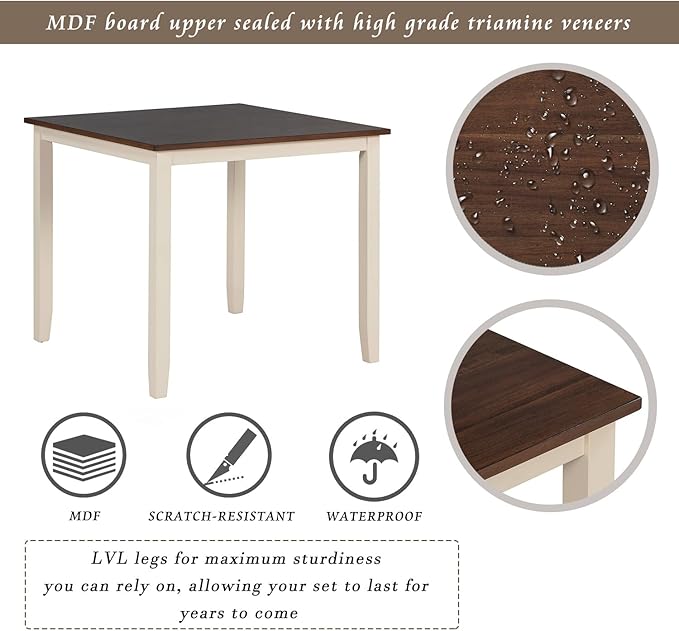 5 Piece Industrial Dining Set with Solid Wood Table and 4 High-density Foam Burlap Upholstered Cushions Chairs for Kitchen, Diningroom, Living Room, Easy to Assemble, Brown+Gray+Natural - LeafyLoom
