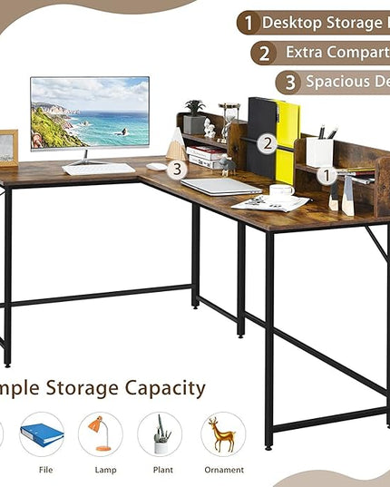 LUARANE 65.5 Inches L-Shaped Desk, Industrial Computer Desk with Hutch File Rack, Space Saving Corner Desk with Metal Frame, Computer Workstation for Home Office (Coffee) - LeafyLoom
