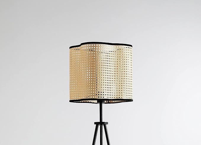 Gal - Mid Century Bohemian Tripod Table Floor with PVC Rattan Shade and Velvet Rim for Bed Dining, Kitchen, Living Room, Beige - LeafyLoom