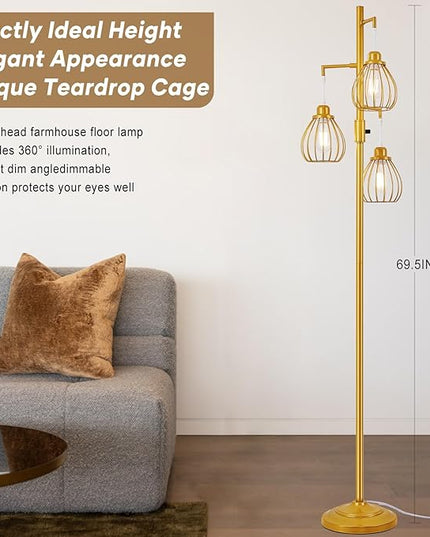 Dimmable Industrial Floor Lamp, Farmhouse Floor Lamps with 3 Elegant Teardrop Cages, Gold Rustic Floor Lamps Tall Retro Pole Lamp for Farmhouse Living Room Bedroom Office, LED Bulbs Included - LeafyLoom