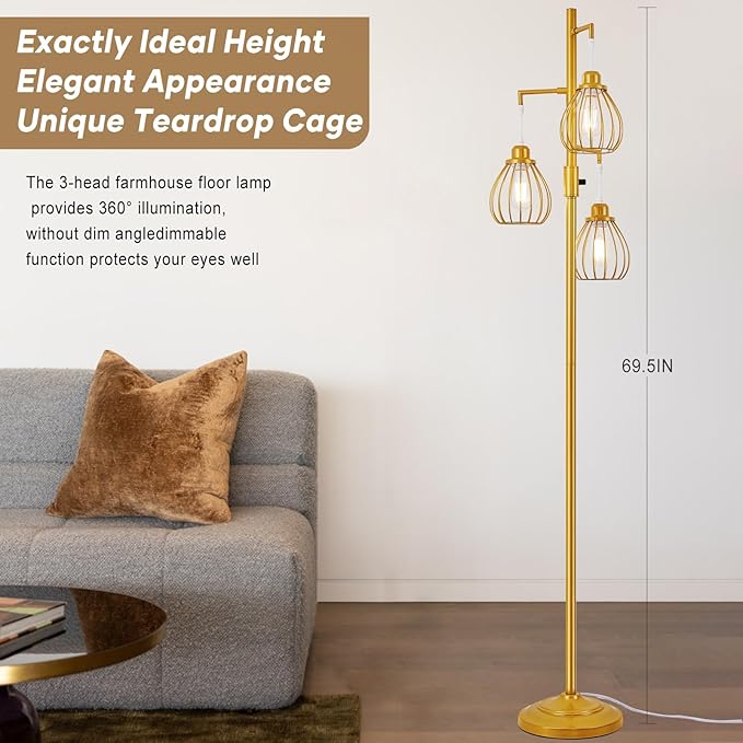 Dimmable Industrial Floor Lamp, Farmhouse Floor Lamps with 3 Elegant Teardrop Cages, Gold Rustic Floor Lamps Tall Retro Pole Lamp for Farmhouse Living Room Bedroom Office, LED Bulbs Included - LeafyLoom