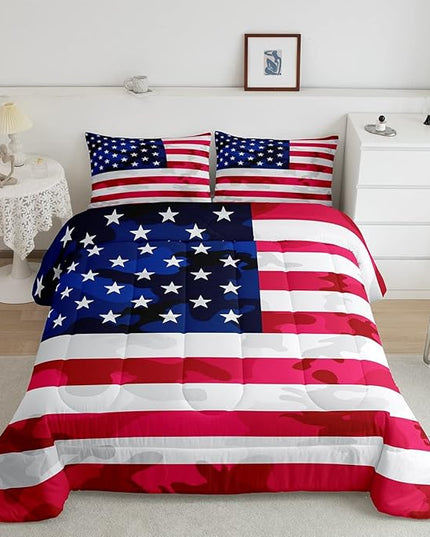 American Flag Bedding Set Camouflage USA Flag Comforter Set Army Camo Flag Comforter Blue Red and White Stars Down Alternative Comforter for All Season Room Decor Full Size - LeafyLoom