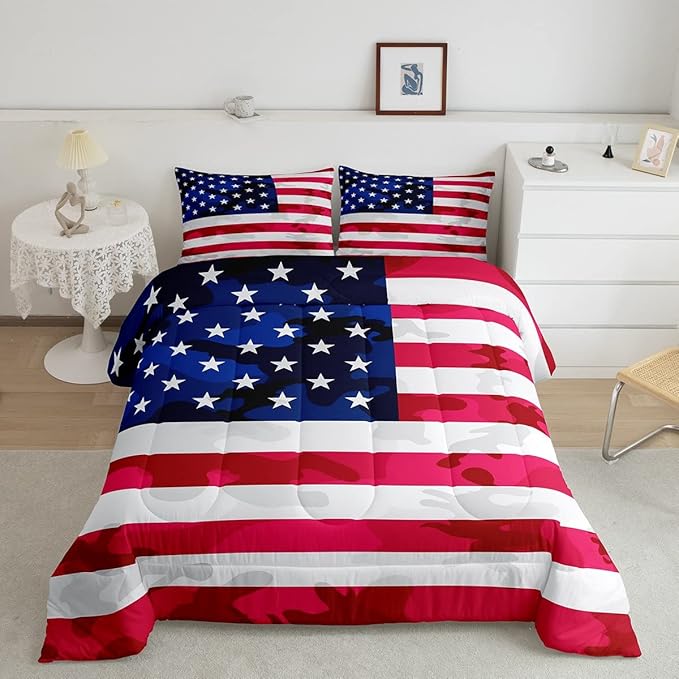 American Flag Bedding Set Camouflage USA Flag Comforter Set Army Camo Flag Comforter Blue Red and White Stars Down Alternative Comforter for All Season Room Decor Full Size - LeafyLoom