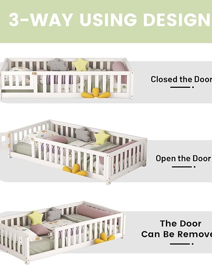 Multifunctional Twin Size Floor Bed with Safety Guardrails and Door, Removable Wood Slats, Montessori Beds Frame for Toddlers, for Boys and Girls, White - LeafyLoom