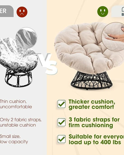 Bme 40" Ergonomic Wicker Papasan Chair with Soft Thick Density Fabric Cushion, High Capacity Steel Frame, 360 Degree Swivel for Living, Bedroom, Reading Room, Lounge, Sepia Sand - Black Base - LeafyLoom