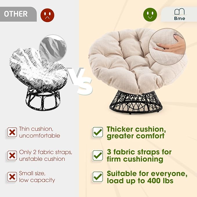 Bme 40" Ergonomic Wicker Papasan Chair with Soft Thick Density Fabric Cushion, High Capacity Steel Frame, 360 Degree Swivel for Living, Bedroom, Reading Room, Lounge, Sepia Sand - Black Base - LeafyLoom