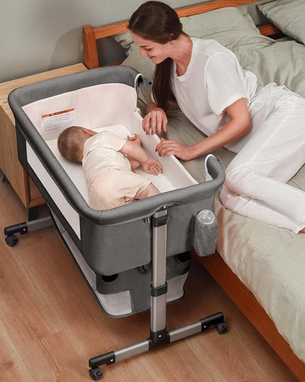 Bedside Crib,3 in 1 Baby Crib Adjustable Portable Bed for Infant,Baby Bassinet with Mosquito net Baby Newborn Must Have Bed,Grey - LeafyLoom