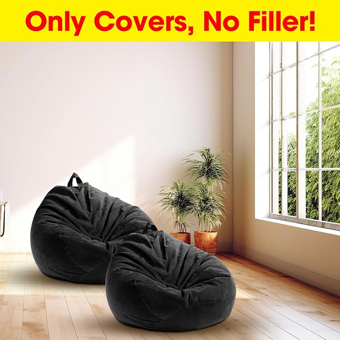 2 Pcs Bean Bag Cover Stuffed Animal Storage Bean Bag Chair Cover Soft Corduroy Stuffed Animal Bean Bag Storage for Kids Adults Indoor Bedroom Organizing Plush Toys(Black, 200L) - LeafyLoom