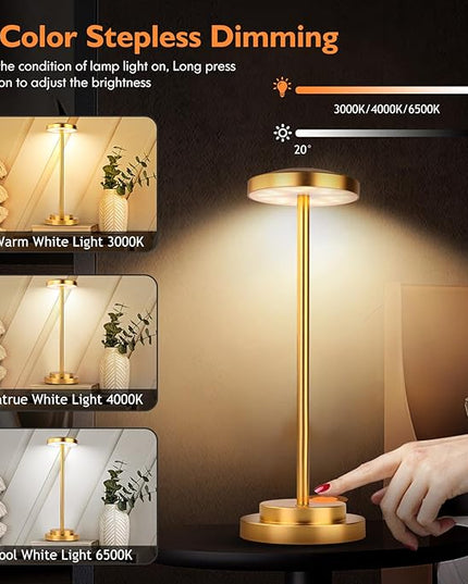 2 Pack Cordless Table Lamp, Rechargeable Lamps, 5000mAh Battery Operated, LED Portable Table Lamp, 3 Color Dimmable, Aluminum, for Restaurant/Bar/Bedroom/Camping/Couple Dinner - LeafyLoom