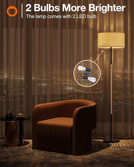 addlon floor lamps for living room, dimmable floor lamp with 2 LED bulbs, super large lampshade modern standing lamp, bright tall floor lamp for bedroom and office (Adjustable brightness) - Black - LeafyLoom