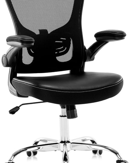 Office Chair,Ergonomic Desk Chair,Mesh Computer Chair with PU Leather Flip-up Armrest,Home Office Chair with Lumbar Support,Adjustable Executive Mid Back Task Chair,Rolling Swivel Office Chairs,Black - LeafyLoom