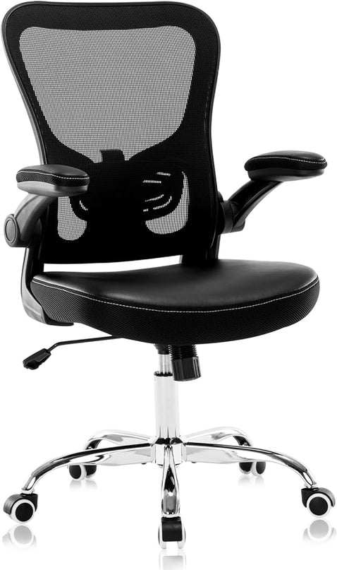 Office Chair,Ergonomic Desk Chair,Mesh Computer Chair with PU Leather Flip-up Armrest,Home Office Chair with Lumbar Support,Adjustable Executive Mid Back Task Chair,Rolling Swivel Office Chairs,Black - LeafyLoom