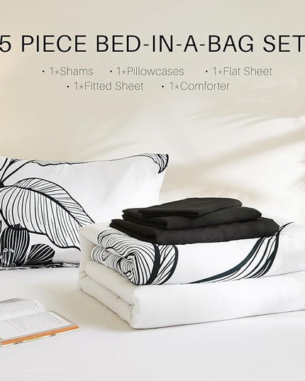 WRENSONGE Twin Comforter Set, 5 Pieces Black and White Floral Comforter Set with Sheets, Flower Bedding Set, Twin Bed in a Bag, Soft Breathable Microfiber for All Seasons - LeafyLoom
