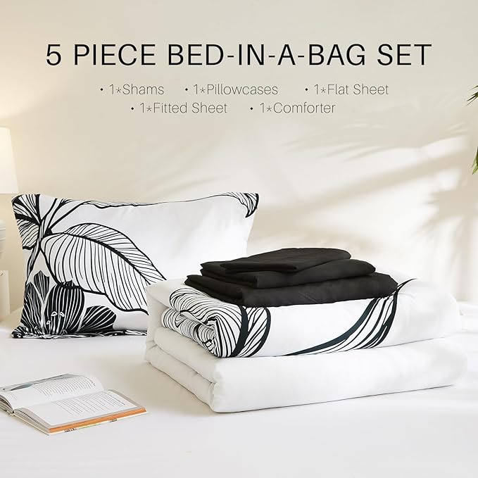 WRENSONGE Twin Comforter Set, 5 Pieces Black and White Floral Comforter Set with Sheets, Flower Bedding Set, Twin Bed in a Bag, Soft Breathable Microfiber for All Seasons - LeafyLoom